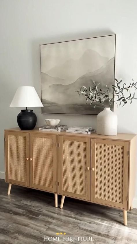 Apartment Living Room Tv, Rattan Cabinets, Neutral Home Decor Living Room, Home Decor Earth Tones, Wood Living Room Decor, Entry Idea, Beige Interiors, Amazon Home Must Haves, Sideboard Styling