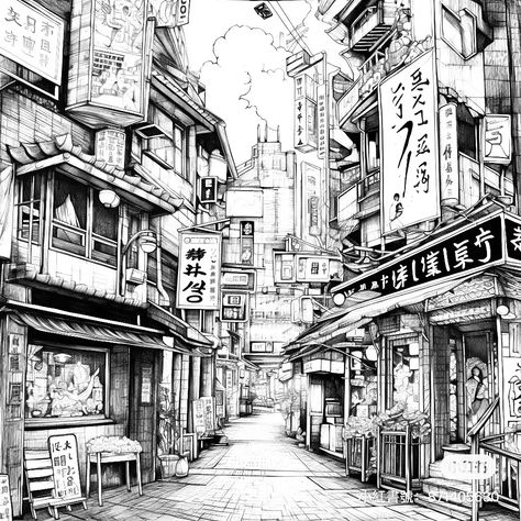 Anime City Drawing, Japanese City Drawing, China Town Drawing, Japanese Street Drawing, Chinese Building Drawing, Tokyo City Drawing, City Drawing Sketches, City Perspective Drawing, City Street Drawing