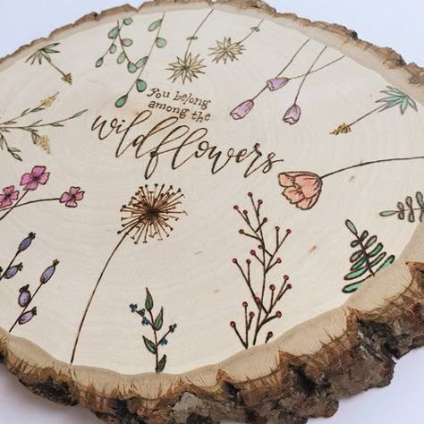 Collaborate with Wood Burn Corner — Wood Burn Corner Wood Burning Painted Wood, Wood Burn Sunflower Pattern, Large Wood Slice Art, Wood Burning Ideas For Mom, Flowers Wood Burning, Painted Log Slice, Wood Burning Flowers Pattern, Wood Burned Flowers, Wood Burn Flowers