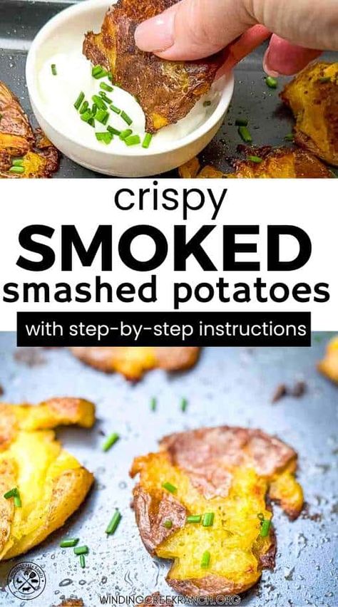 Try our crispy smoked smashed potatoes for a delicious side dish. These potatoes are perfectly seasoned, smashed, then smoked until golden brown and crispy. Easy to make and absolutely delicious, this is the perfect addition to any meal. Smoked Smashed Potatoes, Smashed Baby Potatoes, Smoked Potatoes, Smoker Ideas, Smashed Potatoes Recipe, Best Smoker, How To Store Potatoes, New Potatoes, Brisket Recipes