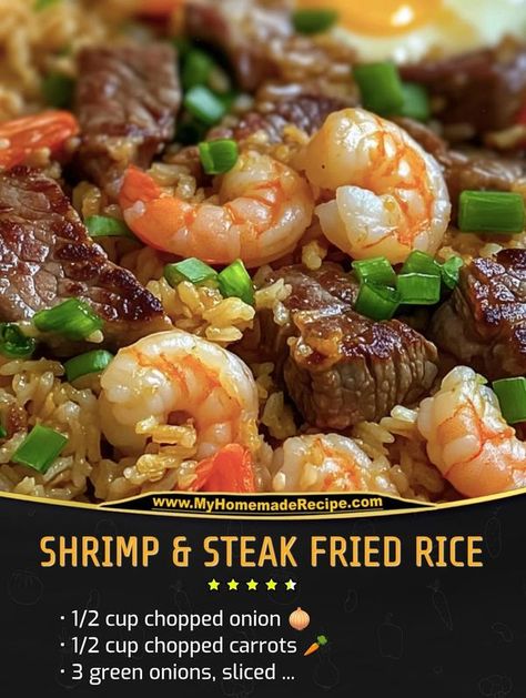 Easy and tasty recipes | Shrimp & Steak Fried Rice | Facebook Shrimp And Steak Fried Rice Recipe, Beef And Shrimp Fried Rice, Steak And Shrimp Rice Bowl, Steak And Shrimp Fried Rice Recipe, Shrimp And Steak Fried Rice, Steak And Shrimp Fried Rice, Steak Fried Rice, Fried Rice Ingredients, Chicken Beer