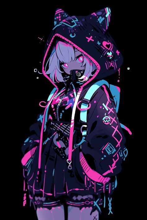 Anime Alternative Aesthetic, Arcade Character Design, Anime Neon Aesthetic, Y2k Space Aesthetic, Space Anime Pfp, Cyberpunk Aesthetic Pfp, Space Anime Aesthetic, Vaporwave Character, Cyberpunk Aesthetic Anime