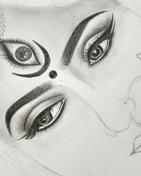 She looks my way and tells me everything, all without once opening her mouth. Durga Eyes Drawing, Maa Durga Drawing Sketch Realistic, Durga Maa Pencil Sketch, Durga Maa Eyes, Mataji Sketch, Durga Maa Drawing Pencil, Radha Sketch, Goddess Drawing Reference, Goddess Sketch