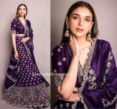 Aditi Rao Hydari Purple Lehenga, Makeup On Purple Outfit, Purple Lehanga Designs Latest, Jayanthi Reddy Lehenga, Jayanthi Reddy Sarees, Jayanthi Reddy Blouses, Jayanti Reddy Blouses, Purple Dress Indian, Purple Blouse Designs For Saree