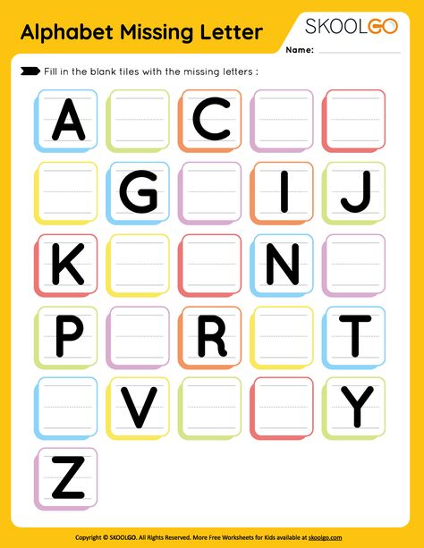 Alphabet Missing Letter - Free Worksheet for Kids - SKOOLGO Activity Sheet For Kindergarten, Write Missing Alphabet Worksheet, Nursery Alphabet Worksheet, Alphabet Missing Letters, Alphabet Fun Activities, Free Preschool Worksheets Pdf, Missing Letters Worksheet Free Printable, Alphabet Missing Letter Worksheet, Abcd Worksheet For Kids