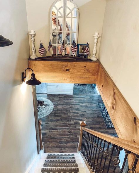 Stairwell Wall Ideas Shiplap, Black Wall Going Up Stairs, Black Shiplap Stairwell, Basement Stairwell Ideas Farmhouse, Remove Wall Add Stair Rail, Carpeted Staircase, Stair Wall Lights, Going Up The Stairs, Wrought Iron Spindles