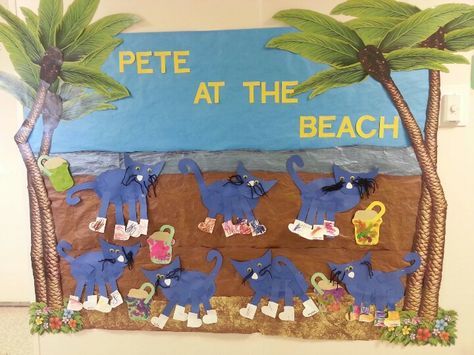 Pete the cat goes to the beach Pete The Cat At The Beach Activities, Pete The Cat At The Beach, Ocean Classroom, Beach Craft, Classroom Doors, Preschool Bulletin, K Crafts, Preschool Bulletin Boards, Math Crafts