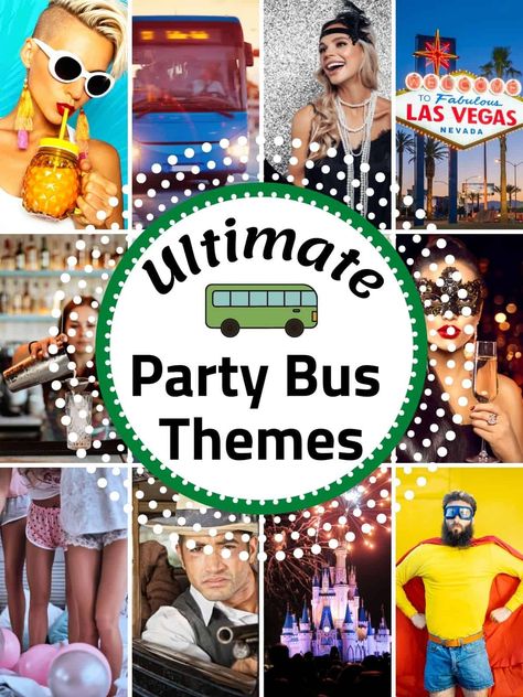 Ultimate Party Bus Themes! If you are looking for a unique way to throw a party then a party bus rental is for you! Look through this ultimate list for party bus themes then pick a theme, send out invites, and let the good times roll on down the road. Party Bus Decorations Birthday, Party Bus Food, Party Bus Food Ideas, Party Bus Themes For Adults, Party Bus Themes, Party Bus Birthday, Office Themed Party, 50th Birthday Themes, Birthday Themes For Adults