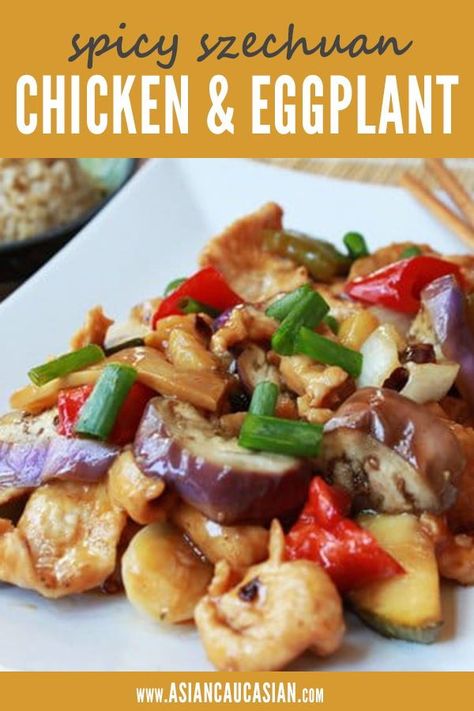 This Spicy Szechuan Chicken and Eggplant truly hits the spot! It's a simple but elegant stir fry that's easy to prepare but packed with flavor. Prepared with Chinese eggplant, chicken breast, bell pepper, shiitake mushrooms, and homemade Szechuan sauce, it's a sweet and savory stir fry with just a little heat. Skip the Chinese takeout and make this healthy asian chicken stir fry at home! #chinesefood #chicken Healthy Asian Chicken, Asian Chicken Stir Fry, Chicken And Eggplant, Chicken Eggplant, Szechuan Sauce, Szechuan Chicken, Chinese Eggplant, Asian Dinner, Healthy Chinese