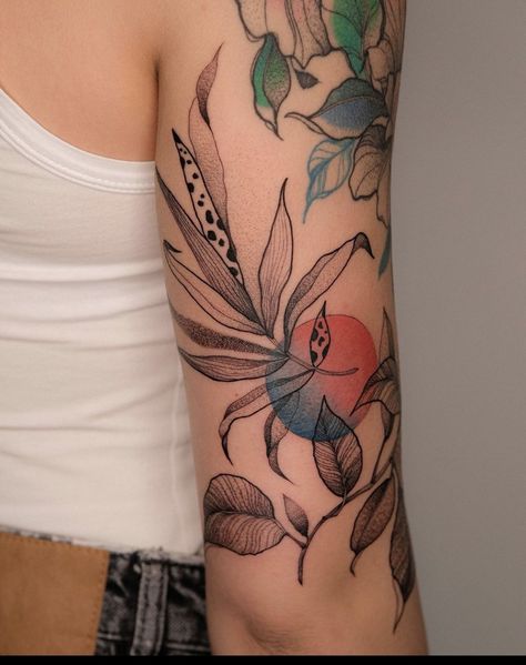 Realistic Botanical Tattoo, Flower And Plant Tattoos, Pop Of Color Tattoo, House Plant Tattoo Sleeve, Leaves Tattoo Sleeve, Color Tattoo Sleeve, Tropical Leaves Tattoo, Colorful Tattoo Ideas, Tropisches Tattoo