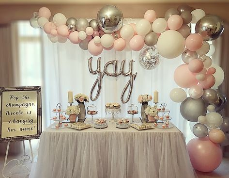 Pink, white and silver bridal shower balloon garland  Stylish Soirees Perth Bridal Shower Balloons, Bridal Shower Backdrop, White Bridal Shower, Shower Backdrop, Pink Bridal Shower, Wedding Dress Pictures, Balloon Decor, Pink Bridal, Pink And Silver