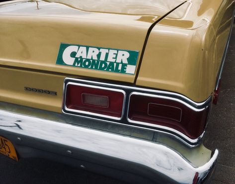 Carter Mondale bumper sticker on old mustard color Dodge Bumper Sticker Design, Yellow Vintage Stickers, Bumper Sticker Aesthetic, 60s Stickers, 70s Stickers Vintage, Vintage Bumper Stickers, Retro Bumper Stickers, 70s Bumper Stickers, 1950s Car