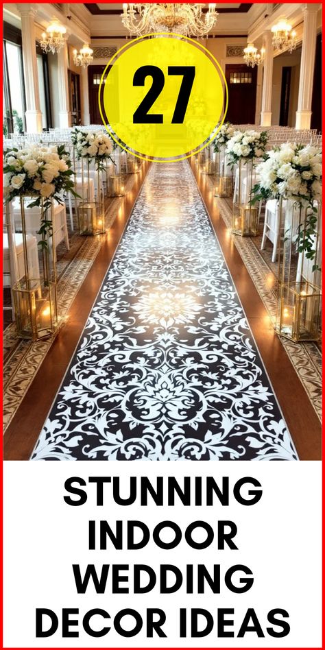 Make your indoor wedding unforgettable with these 27 stunning indoor wedding decor ideas! Transform your venue into a magical setting that reflects your unique style and personality. From beautifully printed aisle decor to elegant centerpieces, these ideas will help you create the perfect ambiance for your celebration. Imagine lush floral arrangements, charming lighting options, and personalized details that all work together to leave your guests in awe. Explore these creative inspirations that will elevate your special day to the next level! Wedding Venue Ceiling Ideas, Vases Down Wedding Aisle, Decorating A Church For A Wedding, English Wedding Decor, Church Aisle Decorations Wedding, Wedding Aisle Decorations Indoor, Indoor Wedding Decor Ideas, Weddings Inspiration Romantic, Wedding Isles Decoration