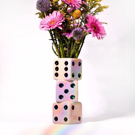 Reimagine Discovery Iridescent Triple Dice Vase, Maximalist Home Decor Ceramic Flower Vase, Iridescent Desk Accessories for Office, Bar Cart Or Vanity, Unique & Trendy Holographic Decor Funky Home Accessories, Disco Aesthetic Home Decor, Womans Apartment Decor, Home Statues Decor, Quirky Maximalist Decor, Unique Home Gadgets, Eclectic Basement Decor, Wierd Home Decor, Maximalist Dresser Decor