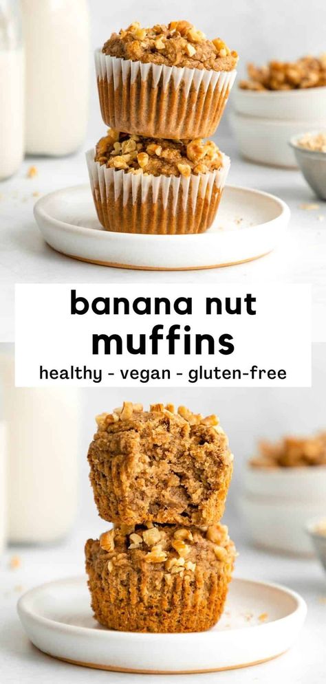 Healthy Banana Nut Muffins, Peanut Butter Oatmeal Smoothie, Banana Nut Muffins Healthy, Vegan Banana Muffins, Nut Muffins, Banana Oat Muffins, Muffins Vegan, Banana Nut Muffins, Vegan Baking Recipes