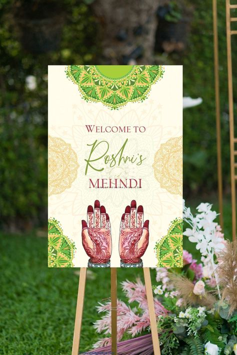 Green Welcome Sign Board For Mehndi Mehendi Banner Design, Mehendi Sign Boards, Mehendi Welcome Board, Mehndi Welcome Board, Haldi Welcome Board, Green Welcome Sign, Welcome Board Design, Mehndi Invite, Wedding Card Sample