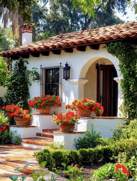 Tiny Hacienda Home, Colonial Tiny House, Small Hacienda Style Homes, Spanish Landscaping, Small Spanish Style Homes, Rustic House Exterior, Spanish Cottage, Houses In Mexico, Spanish Bungalow