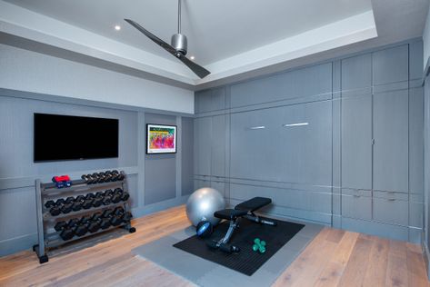 Guest Room Workout Room, Home Gym And Sauna, Spare Room Gym, Built In Murphy Bed, Murphey Bed, Spring Cabin, Home Gym Design Luxury, Home Office And Gym, Warm Wood Flooring