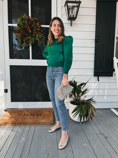 4 Holiday Outfit Ideas Liz Adams, Casual Holiday Outfits, Holiday Outfit Ideas, Loeffler Randall Shoes, High Rise Straight Jeans, Adams Family, Manolo Blahnik Heels, Sequin Pants, All Black Looks