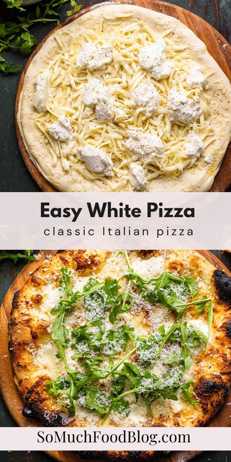 Mushroom White Sauce Pizza, Homemade Italian Pizza Recipe, Homade Pizza Topping Ideas, White Pizza Recipe Easy, Olive Oil Based Pizza, Pizza Recipes White Sauce, White Cheese Pizza, Blaze Pizza Dough Recipe, Piezano Pizza Oven Recipes