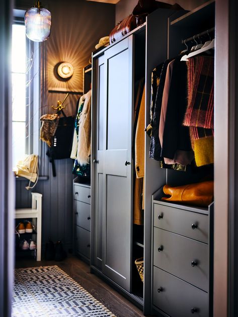 Tiny Dressing Room, Dressing Room Doors, Tiny Hallway, Single Loft Bed, Eclectic Wardrobe, Ikea Interior, Sleeping Nook, Sliding Wardrobe Doors, Pax Wardrobe