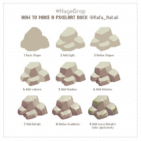 MAGE on X: "Today’s #magedrop: how to pixel art a rock #tutorial ✨ #pixelart #gamedev https://t.co/VZlnjftVp6" / X Rock Art Tutorial, Pixel Art How To, Pixel Art Practice, How To Draw A Rock, Pixel Art Guide, Pixel Art Step By Step, How To Make Pixel Art, Pixel Objects, Pixel Nature