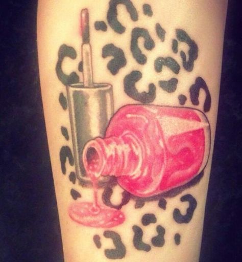 Nail Polish Tattoo Ideas, Nail Polish Bottle Tattoo, Nail Polish Tattoo, Bottle Tattoo, Nail Polish Bottles, Makeup Tattoos, Tattoos For Daughters, Arm Sleeve, Beautiful Tattoos