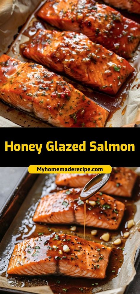 🍯 The most amazing Honey Glazed Salmon that melts in your mouth! This easy salmon recipe creates a perfectly caramelized honey glaze that's ready in minutes. Healthy never tasted so good! #salmon #healthydinner #seafood Ingredients: Fresh salmon fillets Honey Butter Garlic Fall in love with salmon again with this foolproof honey glaze! 🐟✨ Honey And Garlic Salmon, Salmon Recipes Baked Honey Garlic, Honey Crusted Salmon, Yummy Salmon Recipes Oven Baked, Salmon Quick And Easy, Smoked Honey Salmon Recipes, Salmon Glaze Recipes Healthy, Honey Butter Salmon Recipes, Miso Maple Glazed Salmon