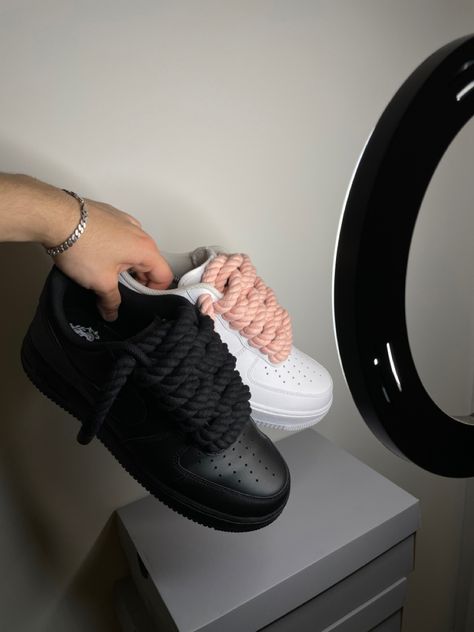 Nike Air Force 1 with rope laces in black and pink from Airropez1 Sneakers With Big Laces, Pink Rope Laces Af1, Airforce 1 Rope Lace, Black Rope Air Force 1, Nike Airforce 1 Rope Laces, Nike Rope Laces, Rope Laces Af1 Black, Air Force Rope Laces Outfit, Rope Lace Airforce 1