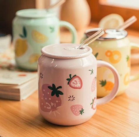 Cute Mug Summer Fruit Ceramic Can With Lid and Straw | Etsy Slovakia Mug Noel, Flower Tea Cup, Ceramic Mug With Lid, Mug With Straw, Creative Accessories, Cerámica Ideas, Fruit Cups, Drink Straw, Cute Fruit