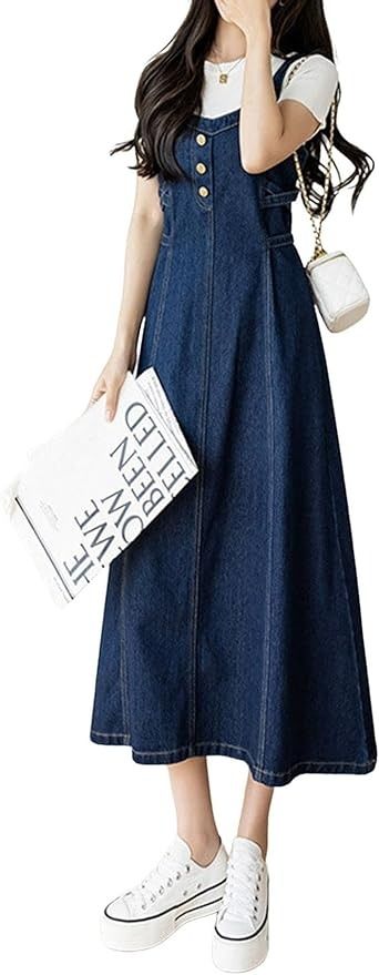 Amazon.com: CHARTOU Women's Elegant Straps Back Smocked A-Line Long Skirt Denim Overall Pinafore Dress (Medium, Blue) : Clothing, Shoes & Jewelry Long Skirt Denim, Jeans Dresses For Women, Denim Pinafore Dress, Denim Pinafore, Casual Denim Jeans, Sleeveless Denim Dress, Bodycon Evening Dress, Denim Jean Dress, Utility Skirt