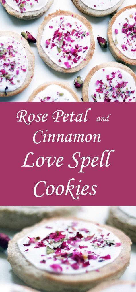 Love Spell Cinnamon & Rose Petal Cookies - Moody Moons (vervang ei met creme fraiche en tartar/wijnsteenzuur met bakpoeder) Spell Cookies, Witchy Food, Vegan Witch, Kitchen Witchcraft, Witch Recipes, Kitchen Witch Recipes, Cinnamon Rose, Pretty Cookies, Love Spell