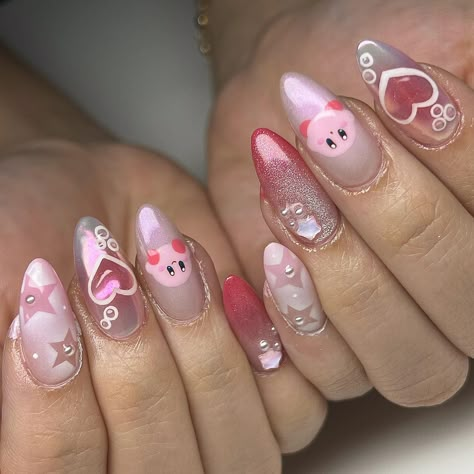 kirby! ˚₊· ͟͟͞͞➳❥ May availability still open! DM to book💕 #kirby #kirbynails #characternails #characternailart #nintendo #nintendonails #gel #gelnails #gelxnails #apres #apresgelx #gelmanicure #gelextensions #handpaintednailart #nailart #y2k Angel Nails, Korean Nails, Goth Nails, School Nails, Gel Extensions, Painted Nail Art, Kawaii Nails, Nails Desing, Gel Nail Art