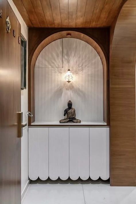 House With Curved Surface Envision A Sanctuary Devoid of Sharp Edges | K Studio Designs Entry Lobby Design, Entry Paneling, Mandir Partition, Curved Entrance, Pooja Cabinet, Entrance Design Ideas, Interior Design Articles, K Studio, Lobby Interior Design