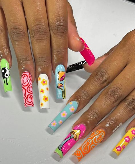 Mix Match Nails, Rave Nails, Hippie Nails, Long Acrylic Nail Designs, Square Nail Designs, Exotic Nails, Long Square Acrylic Nails, Unique Acrylic Nails, Bling Acrylic Nails