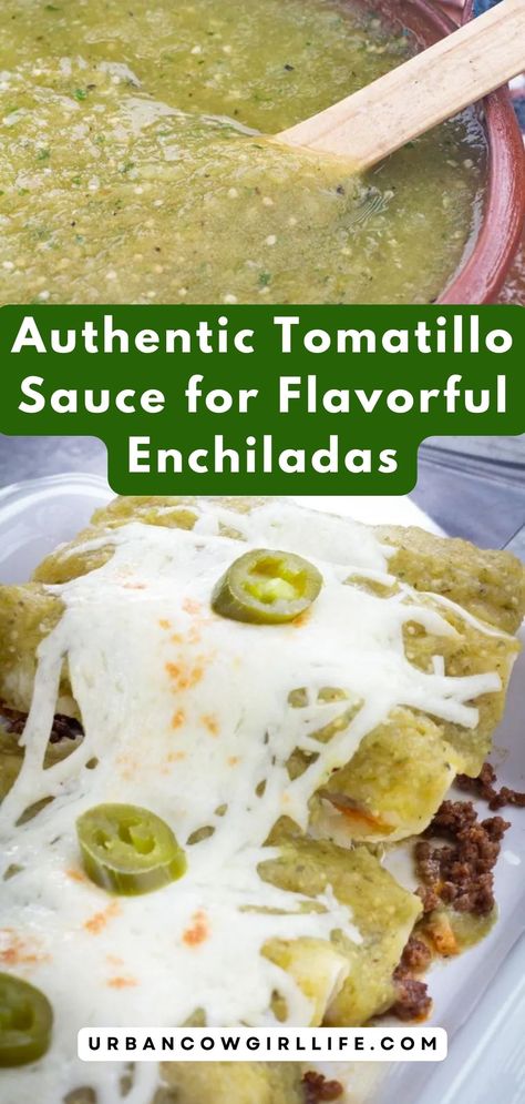 Uncover the secrets of traditional Mexican cooking with this easy-to-follow tomatillo sauce recipe, guaranteed to impress. | green enchilada sauce, enchilada sauce, authentic enchilada sauce, enchilada recipe, easy dinner recipes | How To Make Enchiladas Sauce, Recipes That Use Tomatillos, Roasted Tomatillo Salsa Verde Chicken Enchiladas, Green Tomatillo Enchilada Sauce, Tomatillo Chicken Enchiladas, Mexico Recipes Authentic, Canned Green Enchilada Sauce Recipe, Roasted Tomatillo Sauce, Green Sauce For Enchiladas