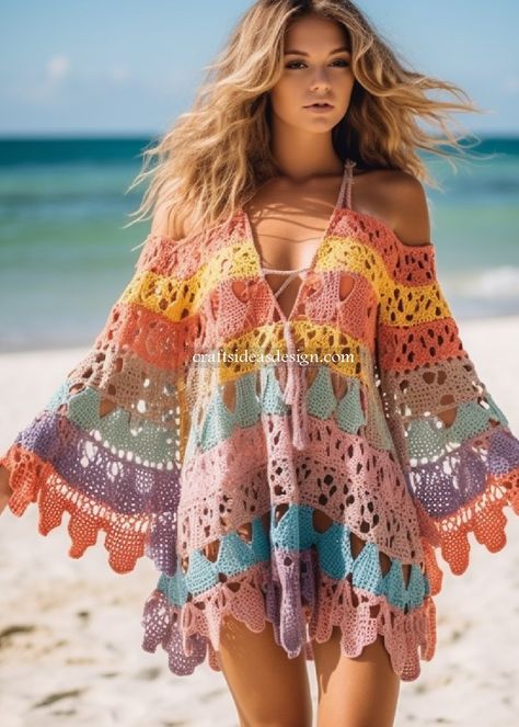 Colorful Crochet Dress, Crochet Beach Dress Pattern Free, Crochet Hippie Clothes, Crochet Beach Dress Pattern, Crochet Long Dress, Summer Crochet Dress, Crochet Dress Ideas, Beachy Crochet, Crochet Tunic Dress