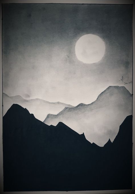 Mountain Shading, Value Drawing Ideas, Charcoal Art Easy, Mountain Drawing Simple, Easy Charcoal Drawings, Sunrise Drawing, Value Drawing, Mountain Sketch, Night Drawing