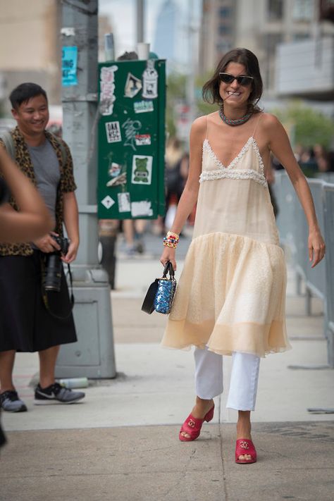 Leandra Medine Dress Over Trousers, Manrepeller Style, How To Layer A Dress, Summer Layering Outfits, Layer Outfits, Leandra Medine Style, Chanel Mules, Dress Over Jeans, Dress Over Pants