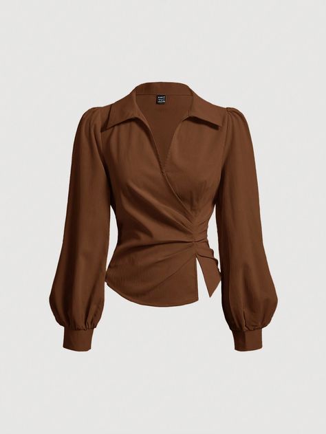 Women's Spring & Summer Solid Color Lantern Sleeve Ruched Waist Split Hem Commuter Blouse Brown Elegant  Extra-Long Sleeve Woven Fabric Plain Top Non-Stretch  Women Clothing, size features are:Bust: ,Length: ,Sleeve Length: Long Sleeves Tops For Women, Simple Shein Outfits, Baggy Tops For Women, Elegant Tops For Women, Best Tops For Large Bust, Blouse Women Outfit, Tops For Rectangle Body Shape, Tops For Women Design, Cute Shein Clothes