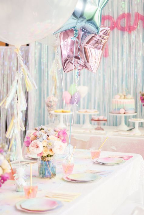 Pastel iridescent girl’s birthday party | 100 Layer Cakelet | Bloglovin’ Pastel Birthday Party, Iridescent Party, Pastel Birthday, Rainbow Parties, Pastel Party, Valentine Party, Rainbow Birthday Party, Dream Party, Birthday Party Dress