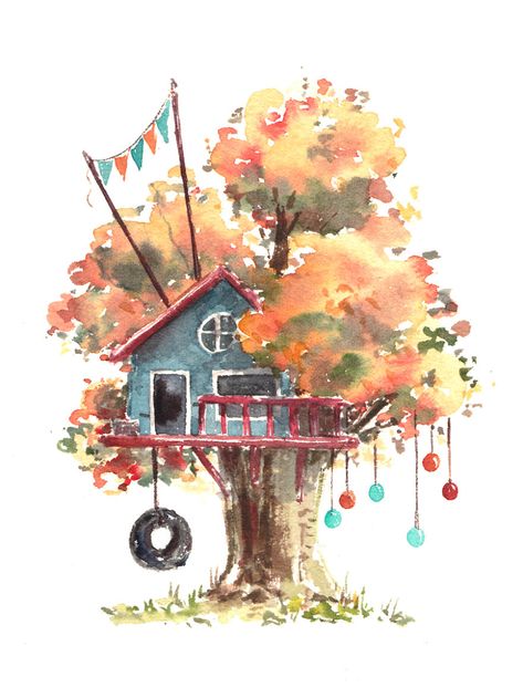 I Use Watercolours To Paint Whimsical Tree Houses Tree House Drawing, House Illustrations, Cartoon Trees, Cartoon House, Watercolor Tree, House Illustration, Illustration Watercolor, Brasov, Tree Illustration