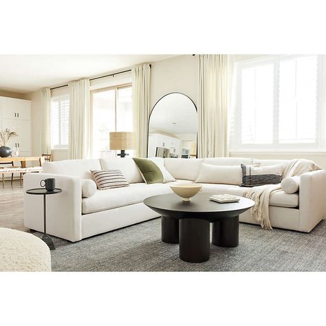 Ivory Couch Black Coffee Table, Crate And Barrel Sectional Sofa, Crate And Barrel Living Room Inspiration, Rh Modern Living Rooms, Crate And Barrel Living Room, Oversized Floor Mirror, Comfy Bench, Modern Plaid, Corner Sectional Sofa