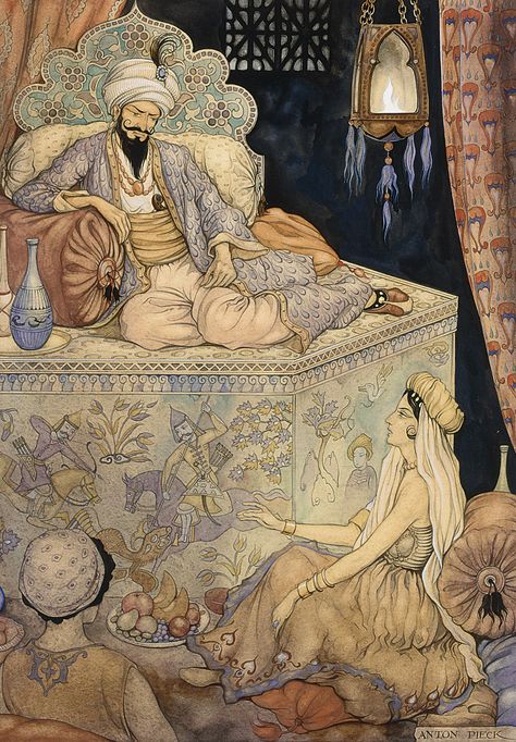 The story telling of Queen Scheherazade to King Shahryar. Anton Pieck. 1943. | Inspired by One Thousand and One Nights. Anton Pieck, Edmund Dulac, Arabian Art, Fairytale Illustration, Dutch Painters, European Paintings, Fairytale Art, Art Et Illustration, Dutch Artists