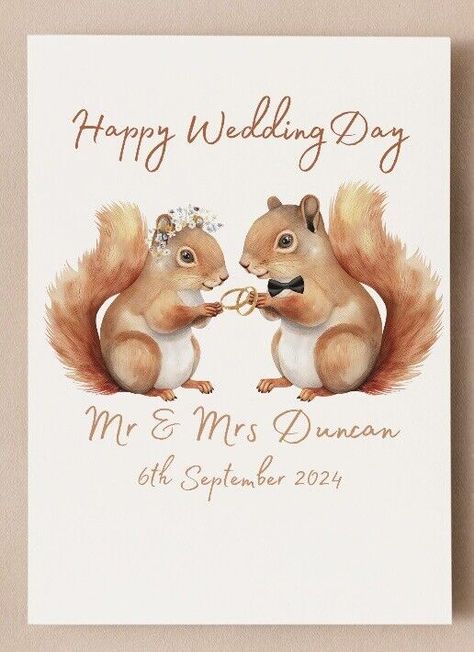 Personalised Wedding Card, Squirrel Bride And Groom, Cute Wedding Day Card, A5  | eBay Watercolour Wedding Cards, Squirrel Wedding, Animal Watercolour, Watercolour Wedding, Happy Wedding Day, Cute Wedding, Personalised Wedding, Watercolor Wedding, Ring Bearer