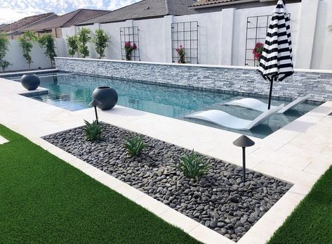 Small Backyard Ideas With Pool Budget, Backyard Modern Ideas, Raised Pool Design, Hardscape Around Pool, Rectangular Pools Backyard Inground, Landscaping Around Inground Pool, 12x30 Pool, Rectangular Pool Landscaping, Small Backyard With Pool Ideas