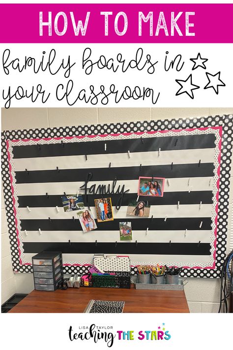 Looking for unique ways to build a classroom community with your elementary students? Try creating a family board! This shows that you care about the whole student, not just who you see at school. This helps students feel loved and cared for in the classroom. Add photos of the class as the year goes on. You'll love the end result! Family Pictures Board Ideas Classroom, Family Photo Bulletin Board Ideas, Class Family Photo Wall, Teacher Family Bulletin Board, Displaying Student Work In Classroom, Family Pictures In Classroom, Display Student Work, Classroom Family, Classroom Family Picture Display Bulletin Boards