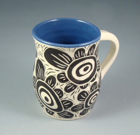 blue, black, white, handmade, mug, flowers, sgraffito, pottery Clay Scrafitto, Clay Sgraffito, Food Pottery, Sgraffito Designs, Sgraffito Pottery, Functional Ceramics, Painted Coffee Mugs, Handmade Mug, Slab Pottery