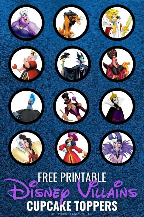 These free printable Disney Villains Cupcake Toppers are perfect to print at home for Halloween and Villains themed parties! If you love the Disney Villains then you simply must download this free printable set (that has got matching Disney Villains Cupcake Wrappers too!). #ThePurplePumpkinBlog #FreePrintables #DisneyVillainsCupcakeToppers Disney Villain Decorations Party Ideas, Disney Villain Party Decorations, Villains Birthday Party, Disney Villains Party, The Lion King Scar, Disney Villain Party, Villain Party, Lion King Scar, Villains Party