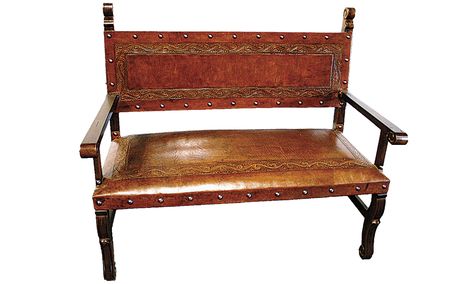 Hand carved wood and antique leather bench from Lone Star Western Decor - what a great piece for a south-western hacienda! Spanish Furniture, Western Bedroom Decor, Spanish Heritage, Black Forest Decor, Entry Bench, Mediterranean Home Decor, Spanish Style Homes, Mediterranean Home, Mexican Style